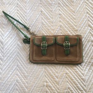 Coach Suede wristlet with leather piping